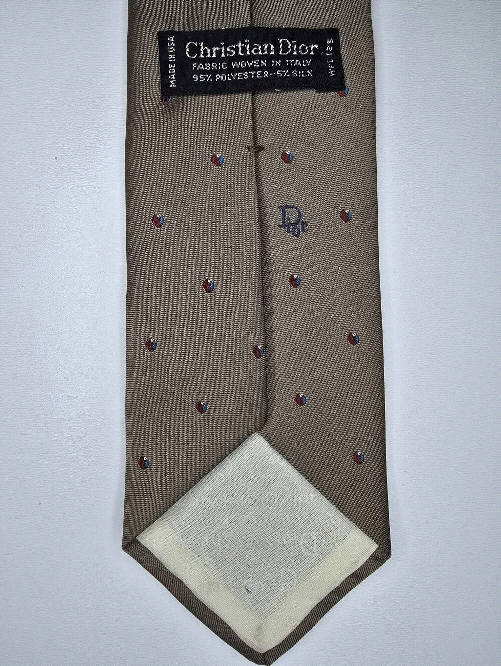 Vintage Christian Dior Necktie Brown Red Blue Dot Pattern 95% Polyester 5% Silk